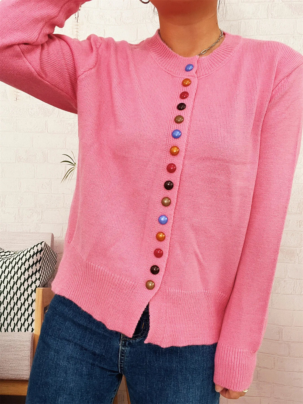 Button-Front Cardigan with Colorful Detail Buttons