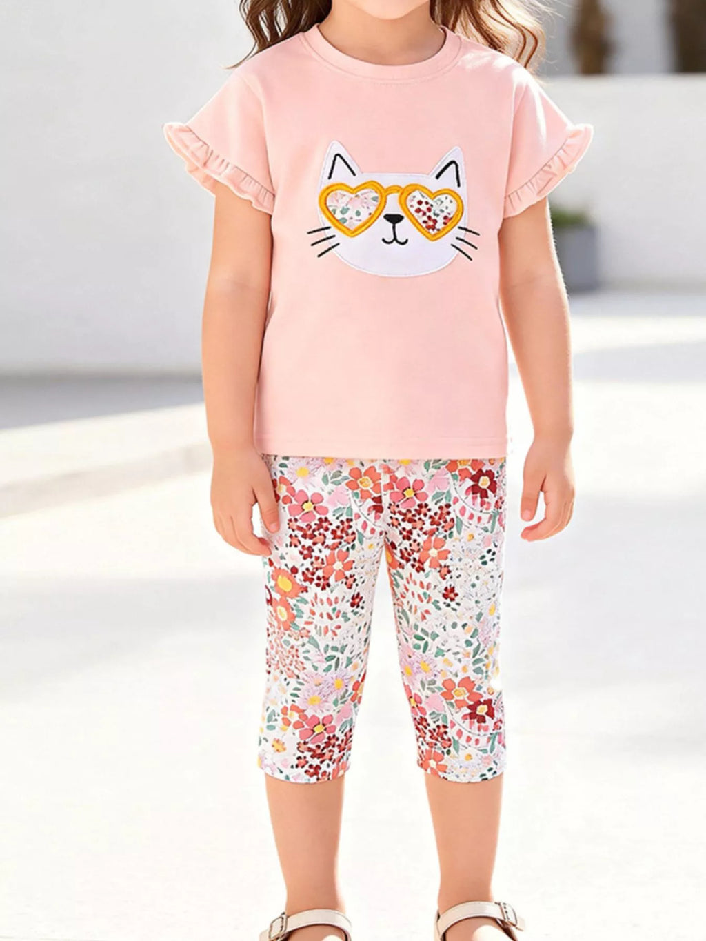 Children's Cat Top and Floral Capri Set