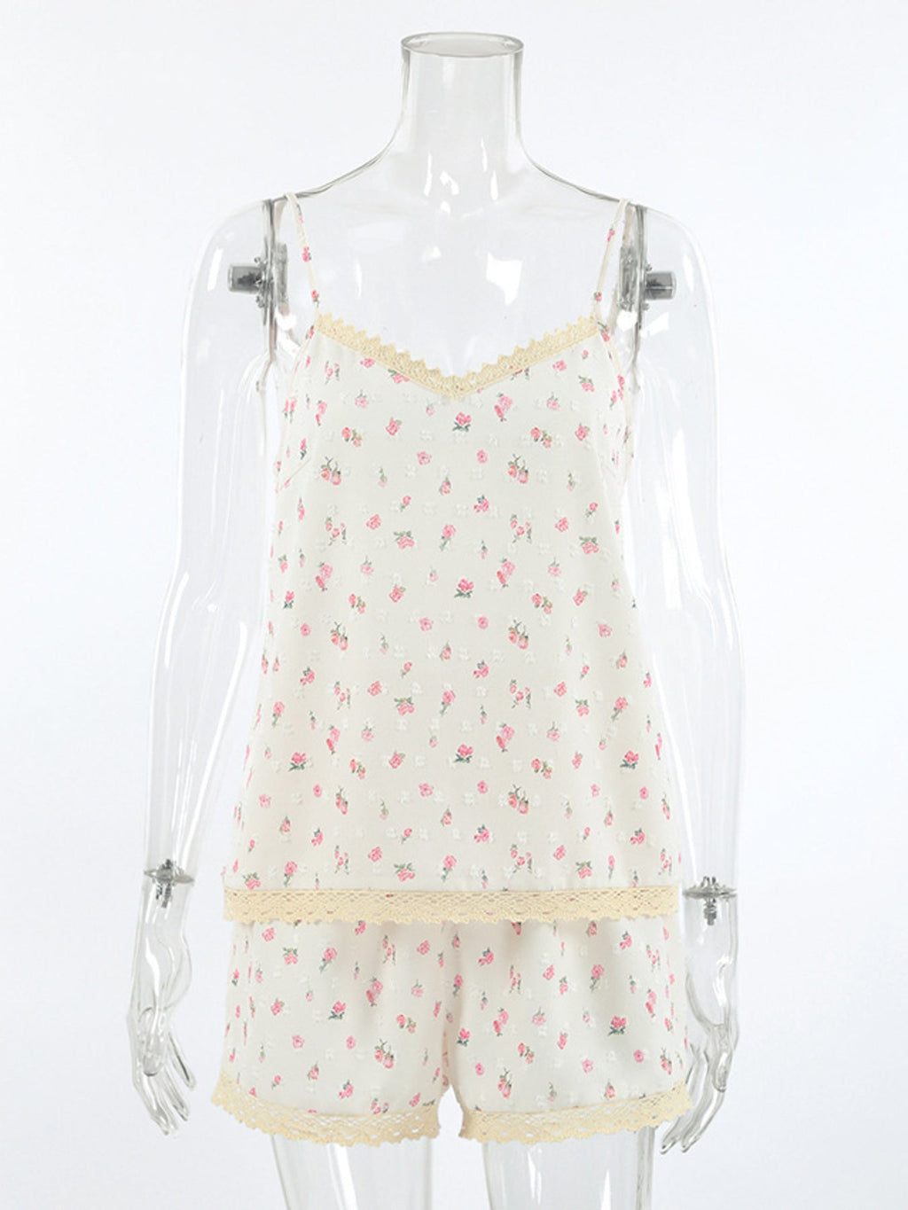 Floral Print Lace Trim Cami and Shorts Set