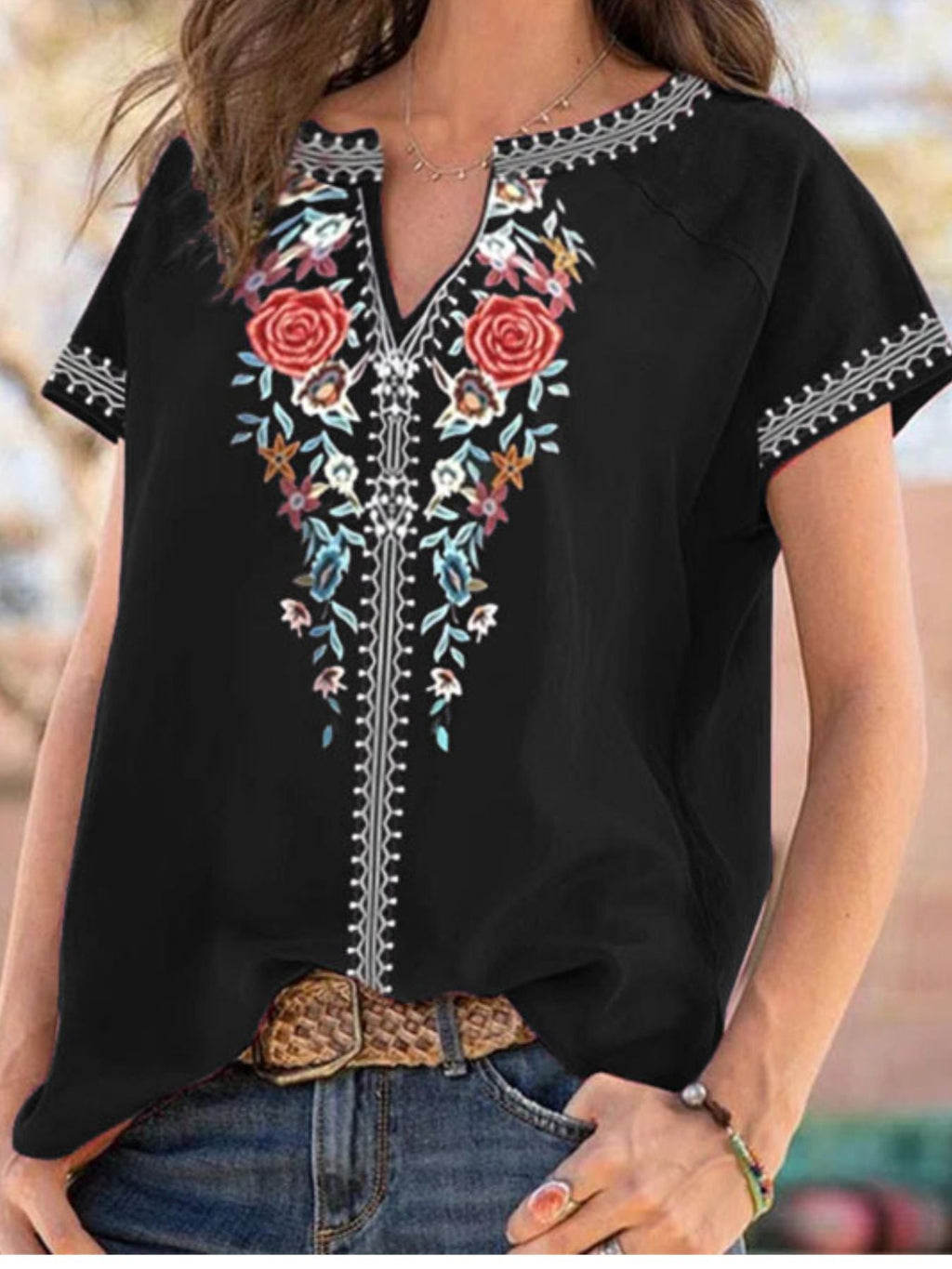 Full Size Floral Notched Short Sleeve Blouse Plus Size