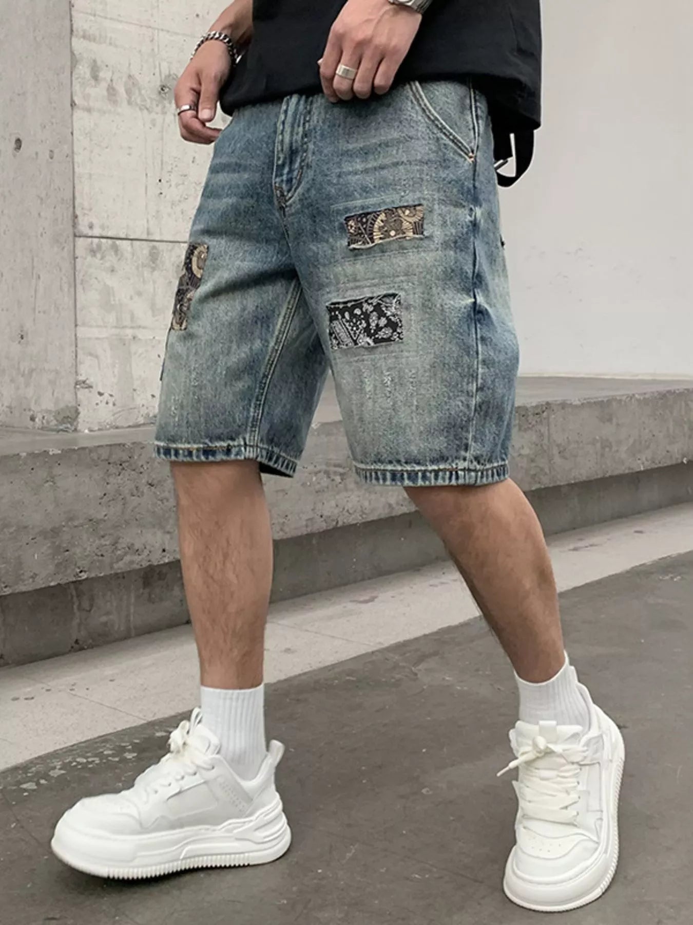 Men's Patchwork Graphic Denim Shorts