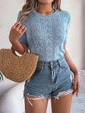 Openwork Round Neck Short Sleeve Knit Top