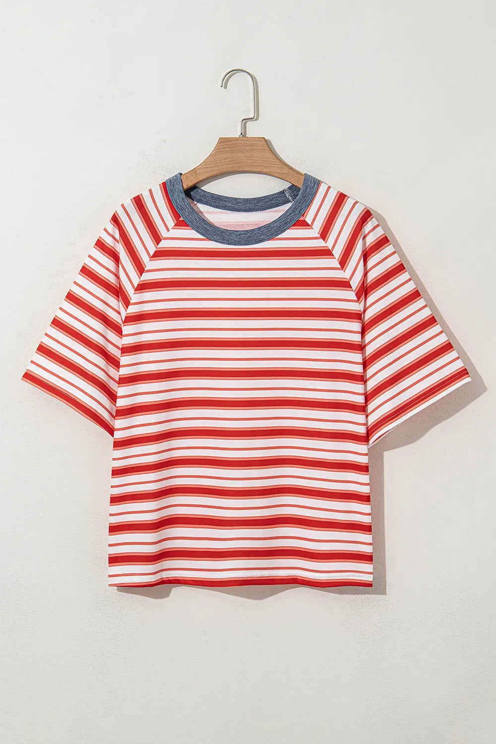 Stripe Print Contrast Collar Raglan Sleeve T Shirt