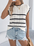 Cable-Knit Striped Round Neck Knit Top