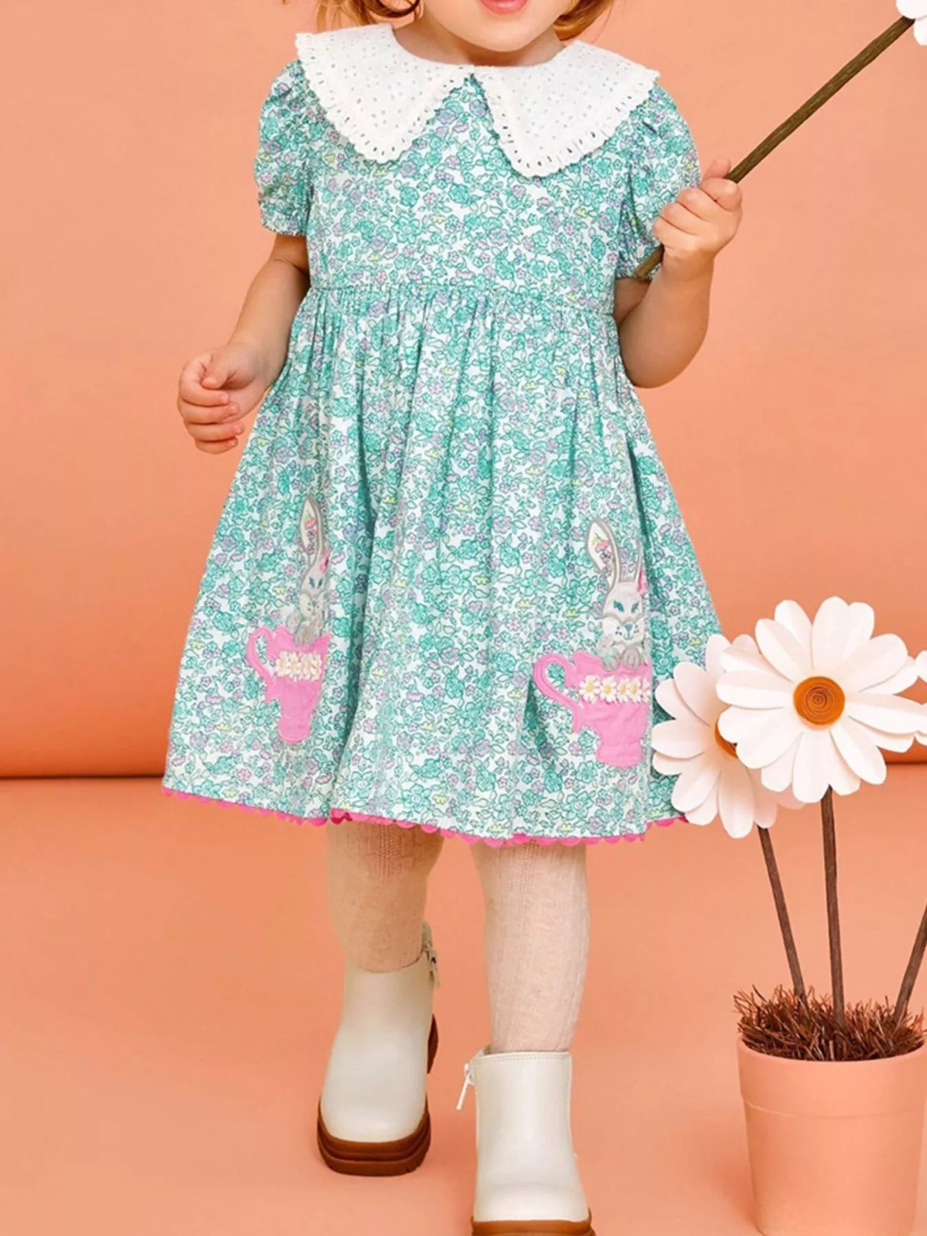 Children's Floral Print Bunny Peter Pan Collar Dress