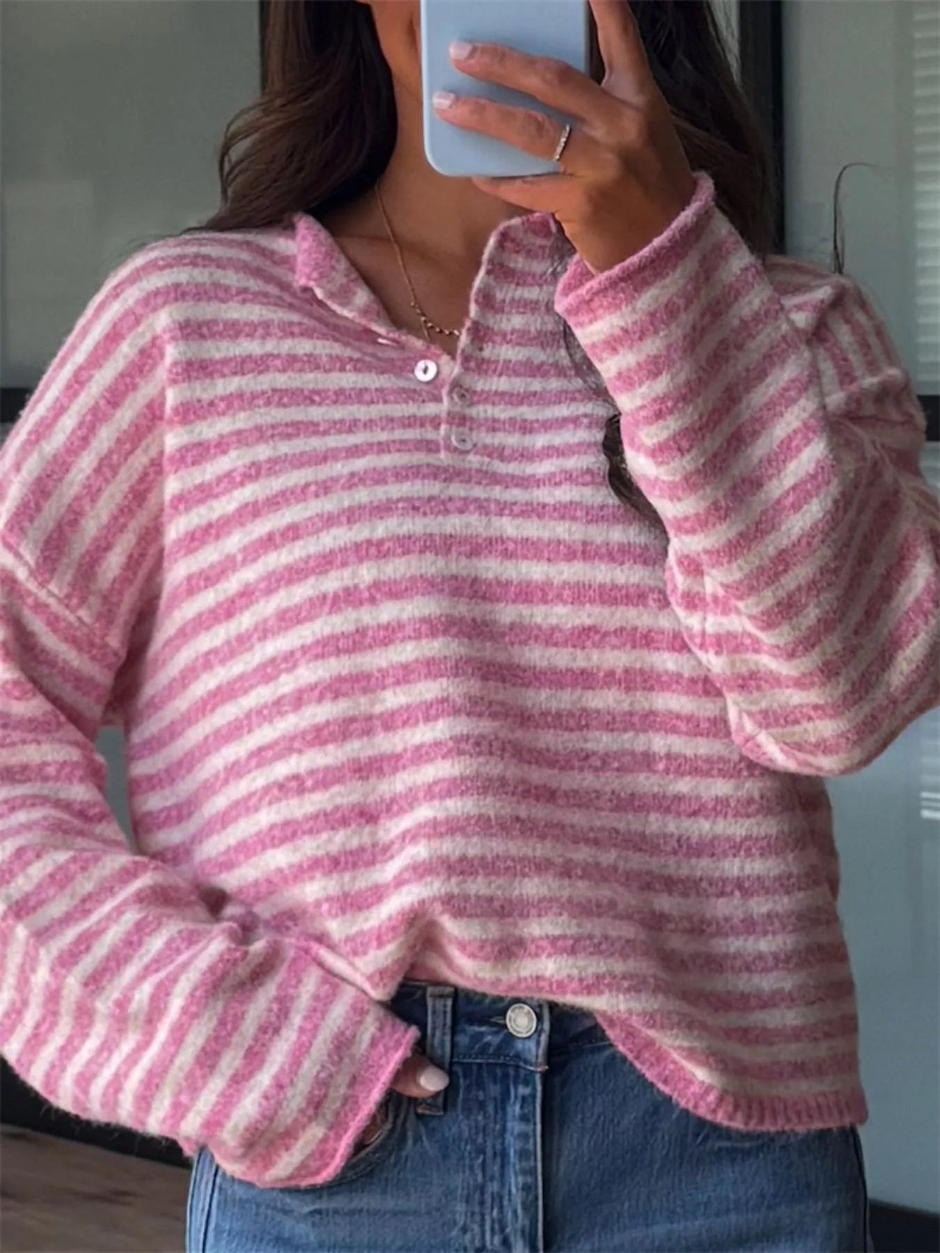 Button Detail Dropped Shoulder Striped Sweater