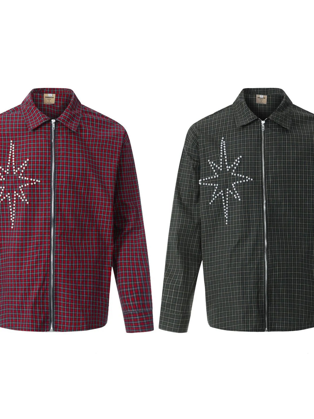 Men's Pearl Embellished Plaid Zip-Up Shirt