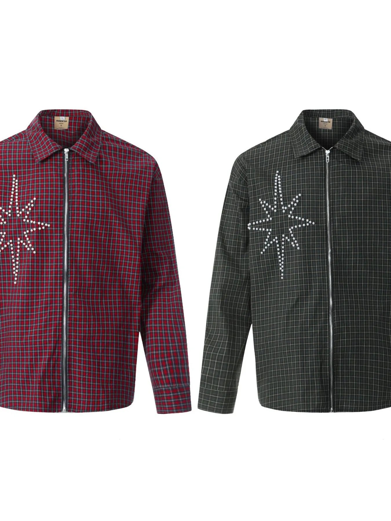 Men's Pearl Embellished Plaid Zip-Up Shirt
