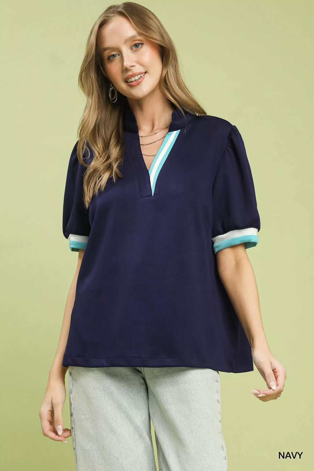 Umgee Luxe knit Contrast Trim Puff Sleeve Top