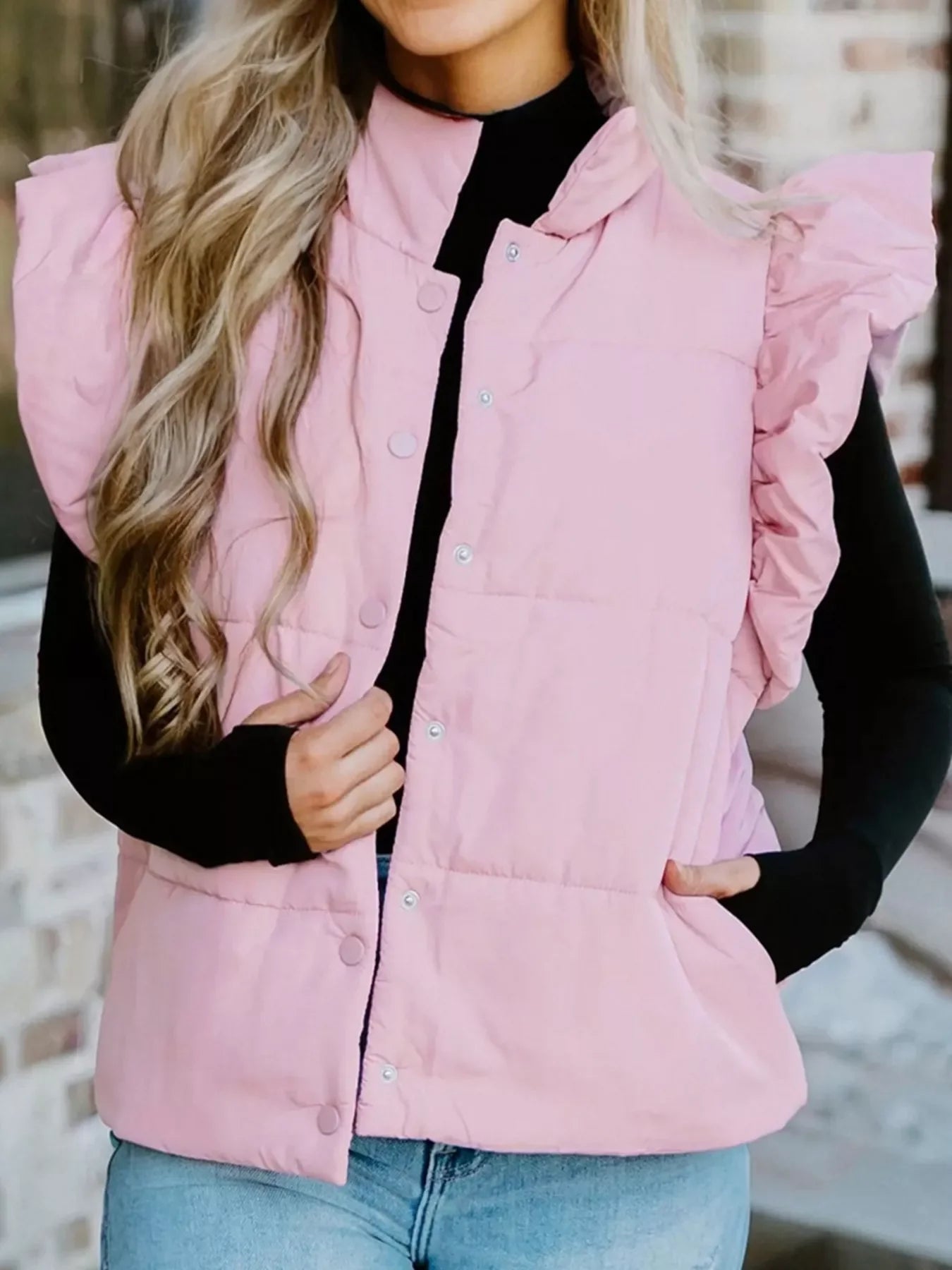 Stand Neck Flutter Sleeve Snap Button Puffer Vest