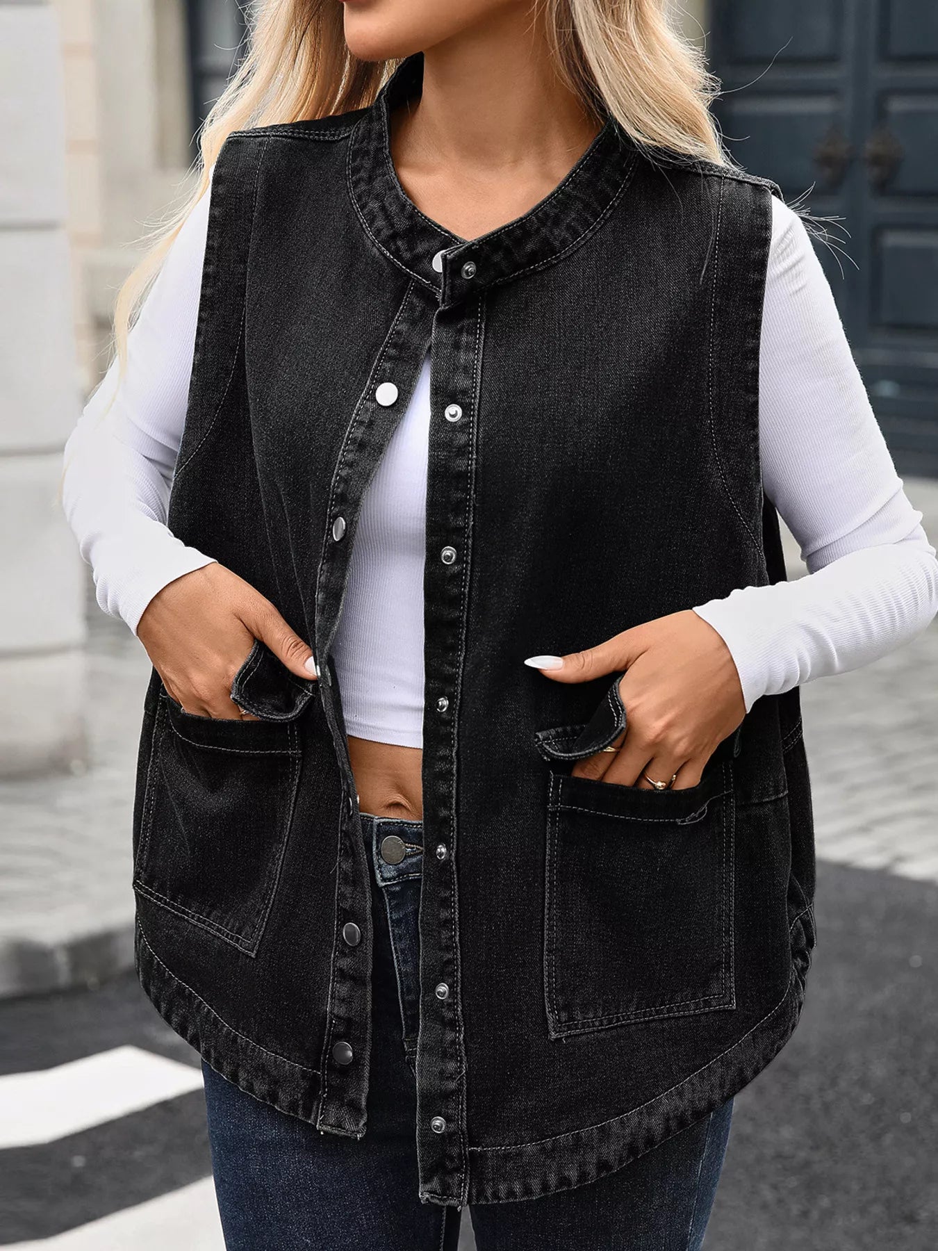 Snap Down Sleeveless Denim Jacket