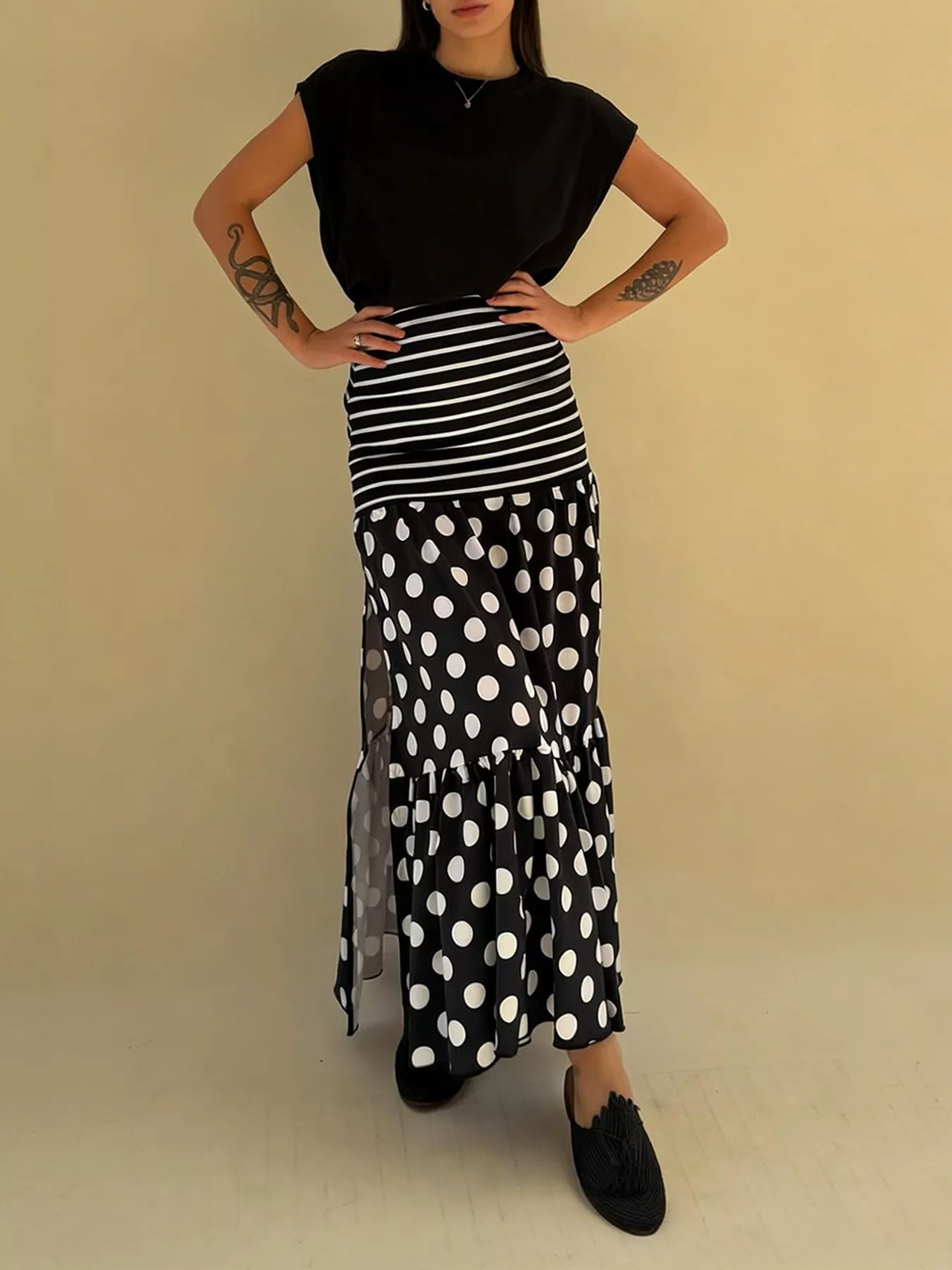 Polka Dot Striped Slit Maxi Skirt