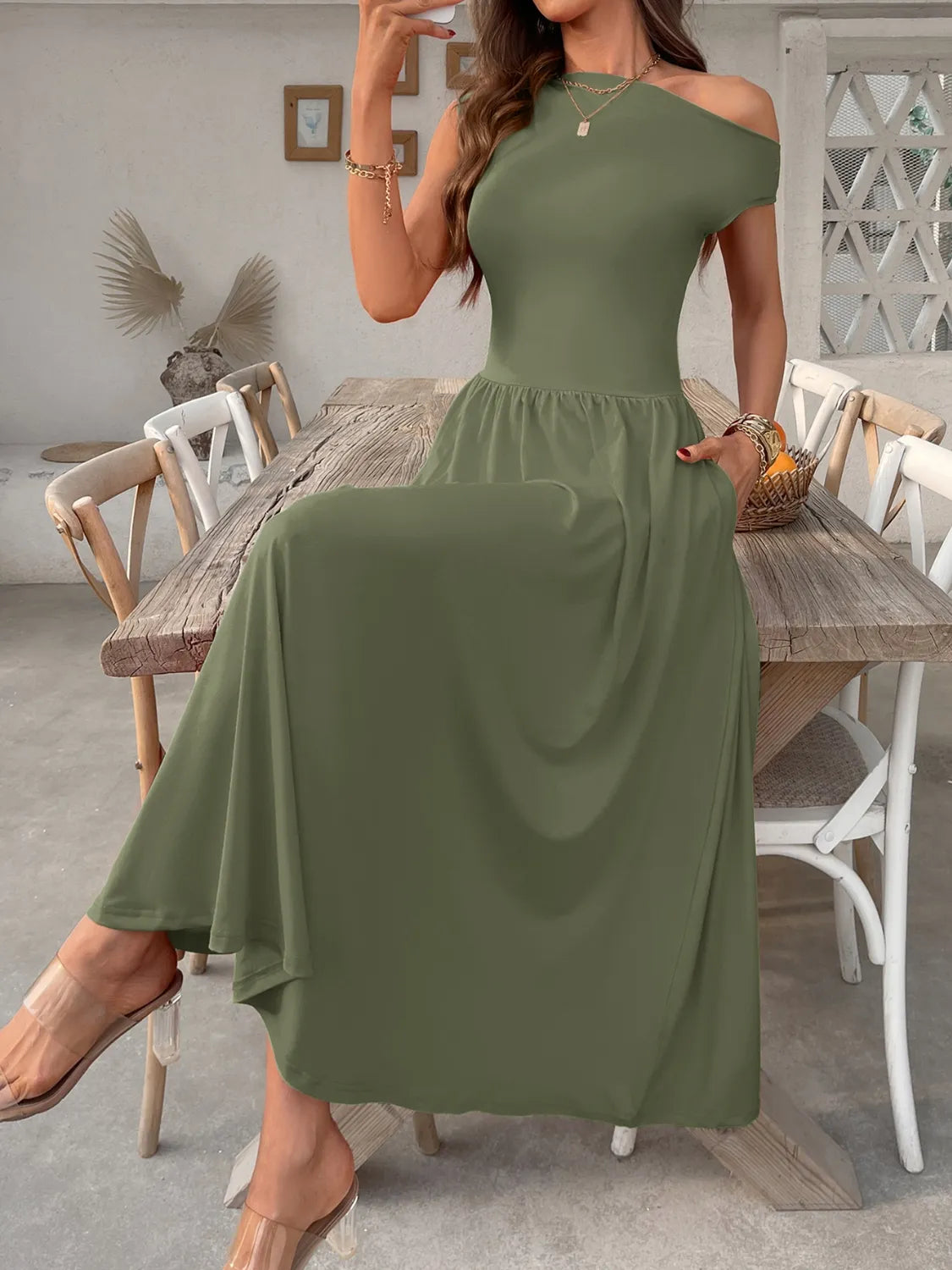Single Shoulder Midi Dress with Pockets