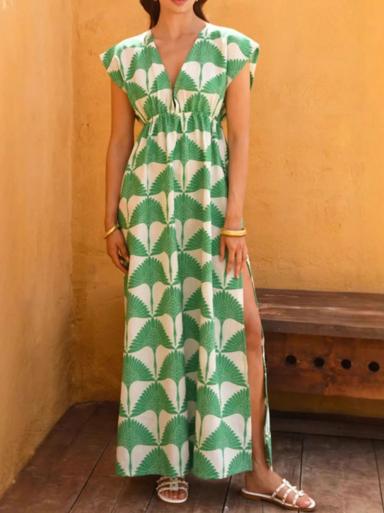 Slit Printed V-Neck Cap Sleeve Maxi Dress