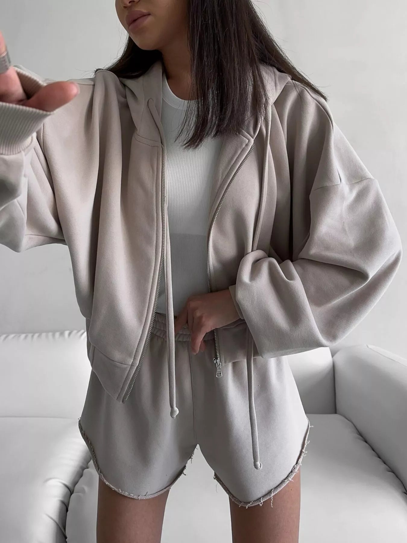 Zip Up Long Sleeve Outerwear and Shorts Set