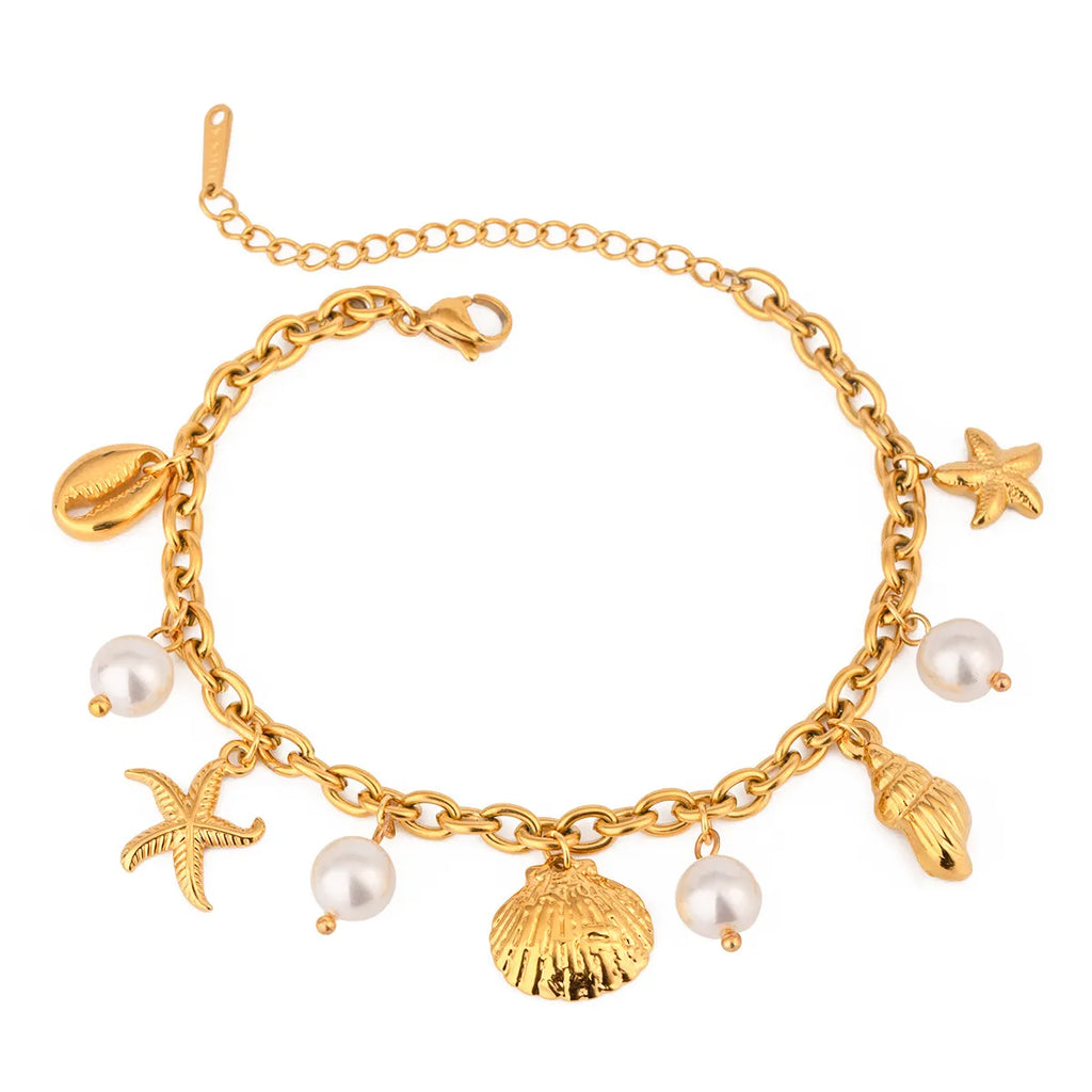 Ocean Theme Stainless Steel Chain Bracelet with Seashell and Starfish Pendants