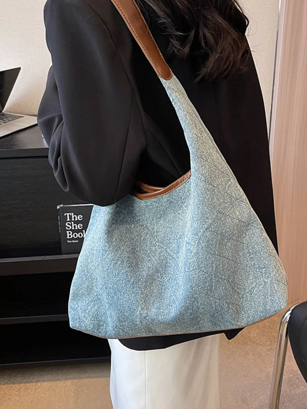 Denim Shoulder Bag with Leather Trim