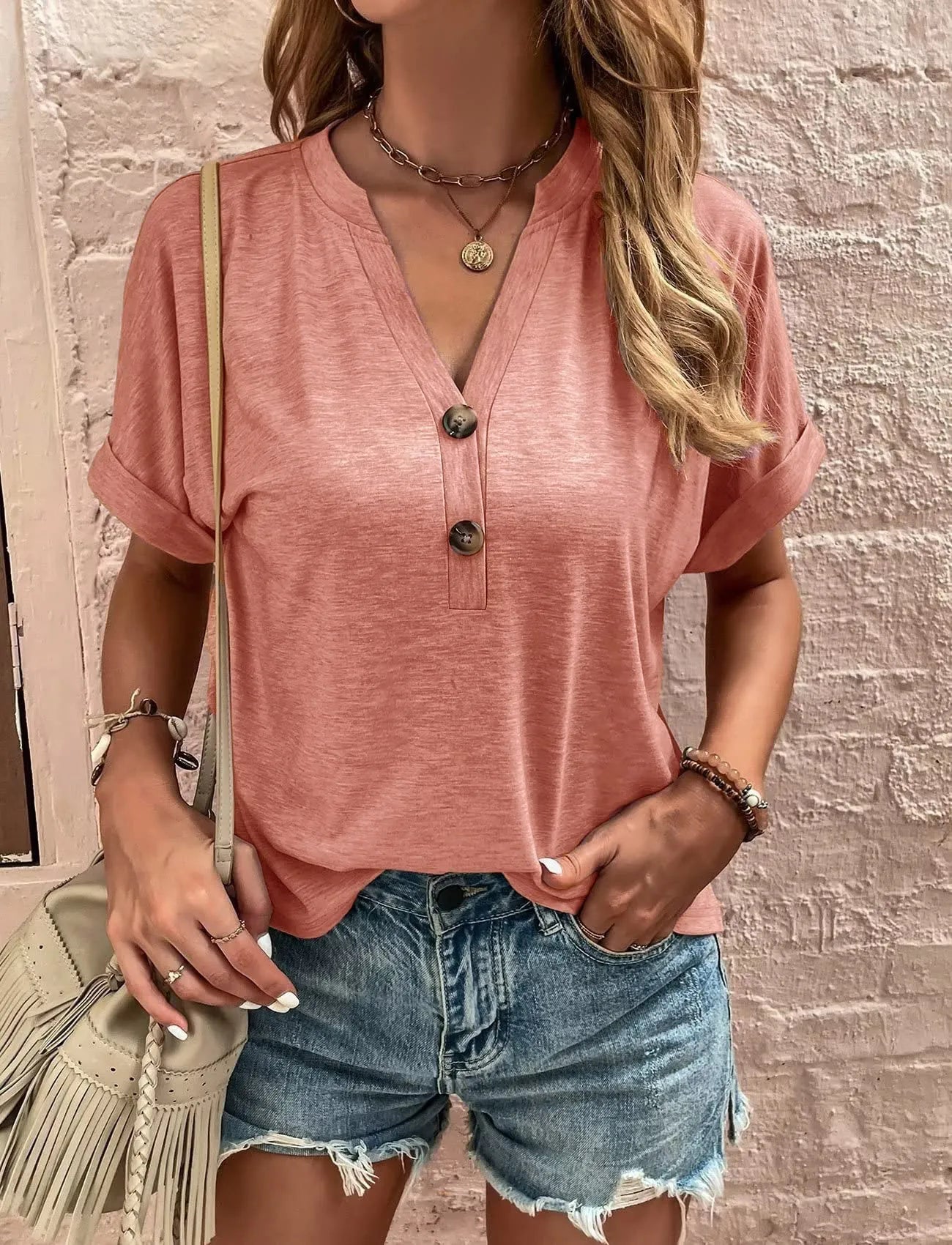 Full Size Notched Short Rolled Sleeve Top Plus Size