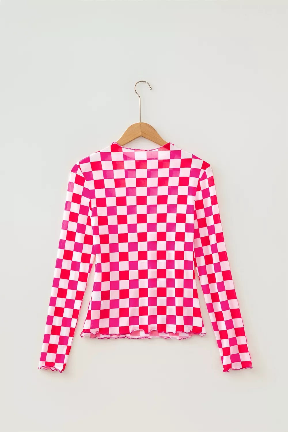 Plaid Heart Mesh Sheer Long Sleeve High Neck Top