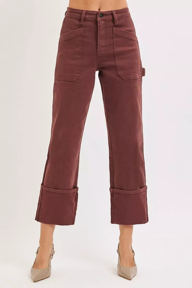 RISEN Full Size High Rise Wide Straight Cuffed Patch Jeans Plus Size
