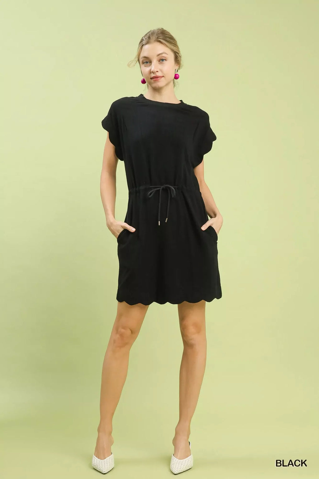 Umgee Linen Blend Scallop Hem Mini Dress