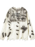 Men's Distressed Letter Round Neck Sweater