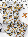 Children's Construction Vehicle Print Round Neck Tee and Shorts Set