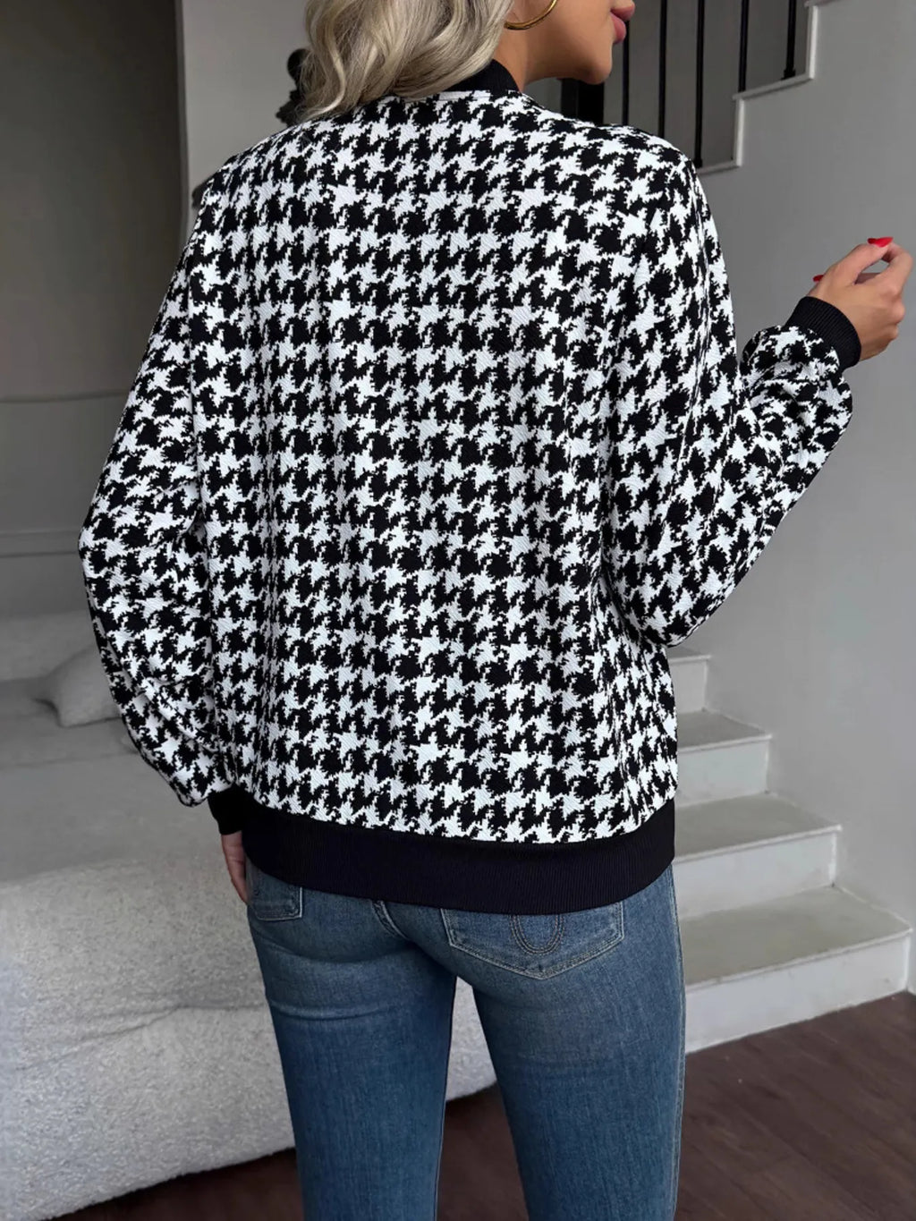 Zip Up Houndstooth Pattern Jacket