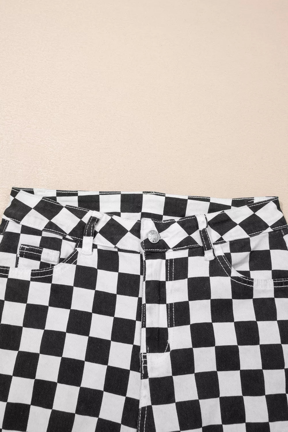 Checkerboard Print Distressed Holes Raw Edge Cropped Jeans