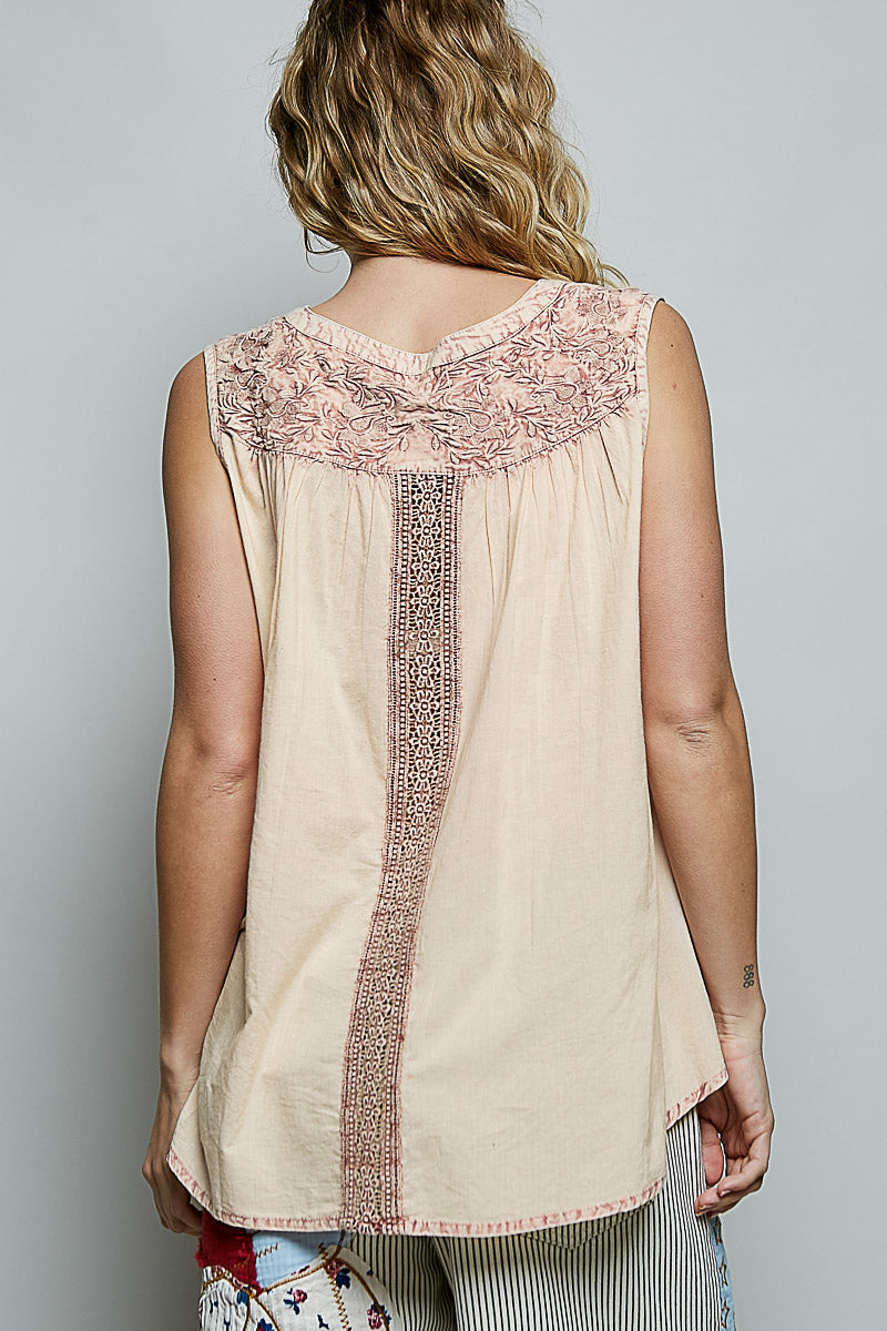 POL Button Down Round Neck Tank with Crochet Contrast