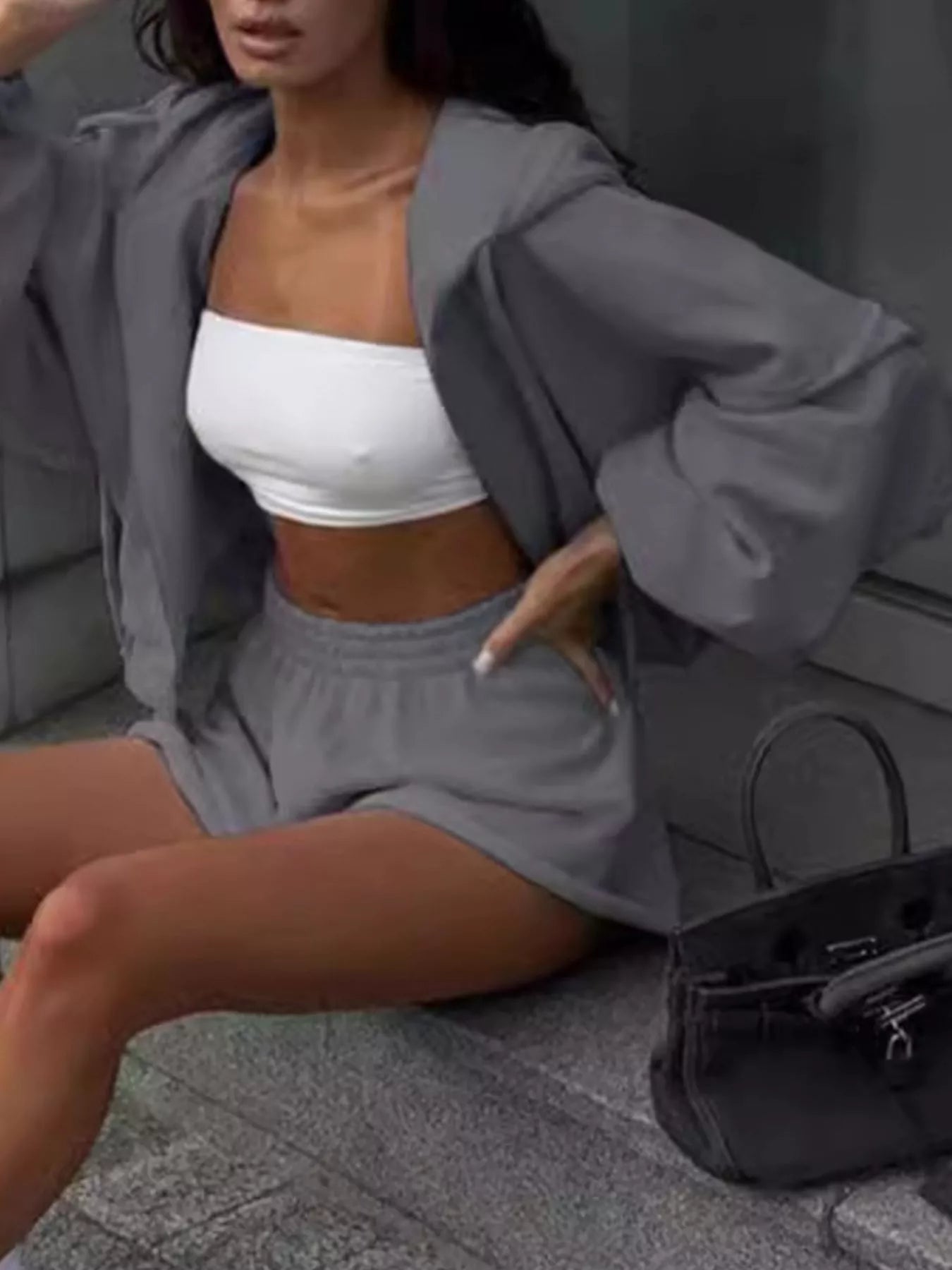 Zip Up Long Sleeve Outerwear and Shorts Set