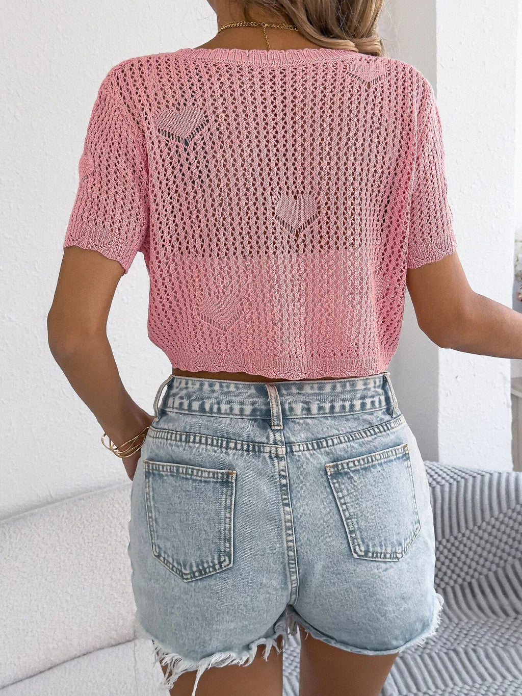 Crochet Heart Pattern Tie Front Cardigan