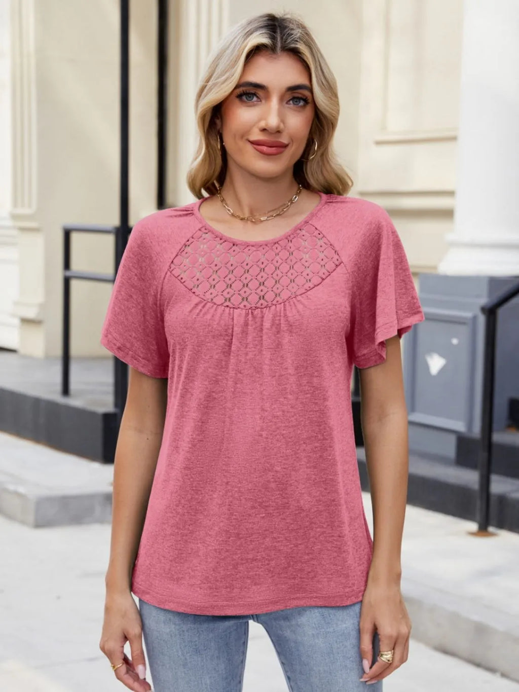 Lace Detail Round Neck Short Sleeve Blouse