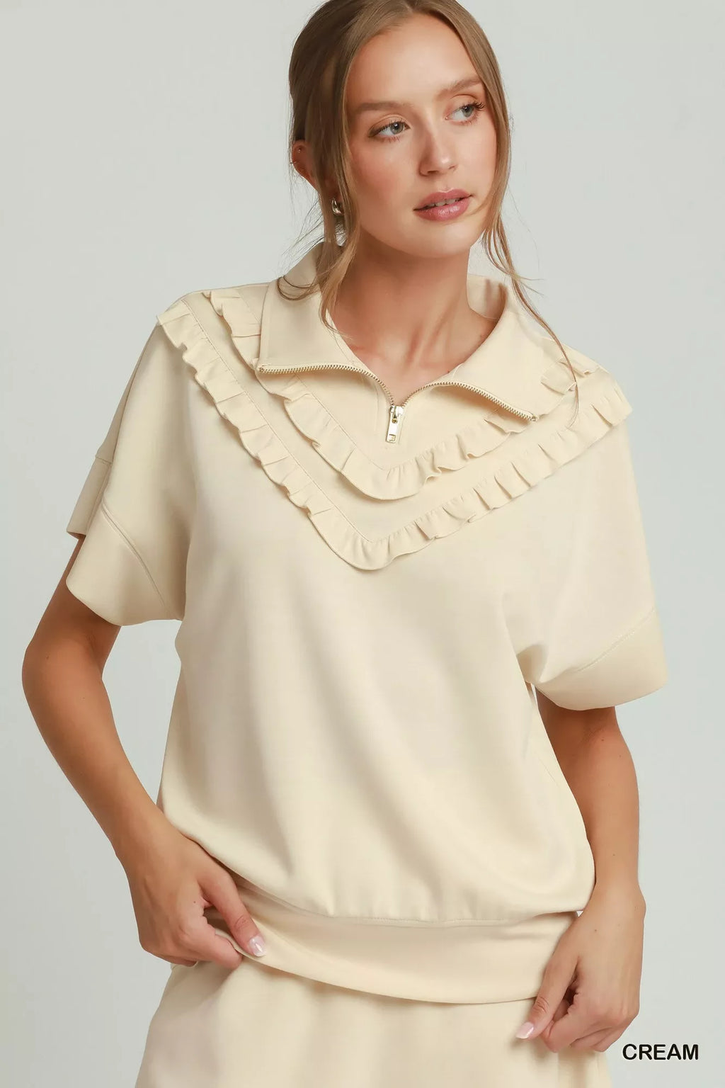 Umgee Ruffle Quarter Zip Short Sleeve Top