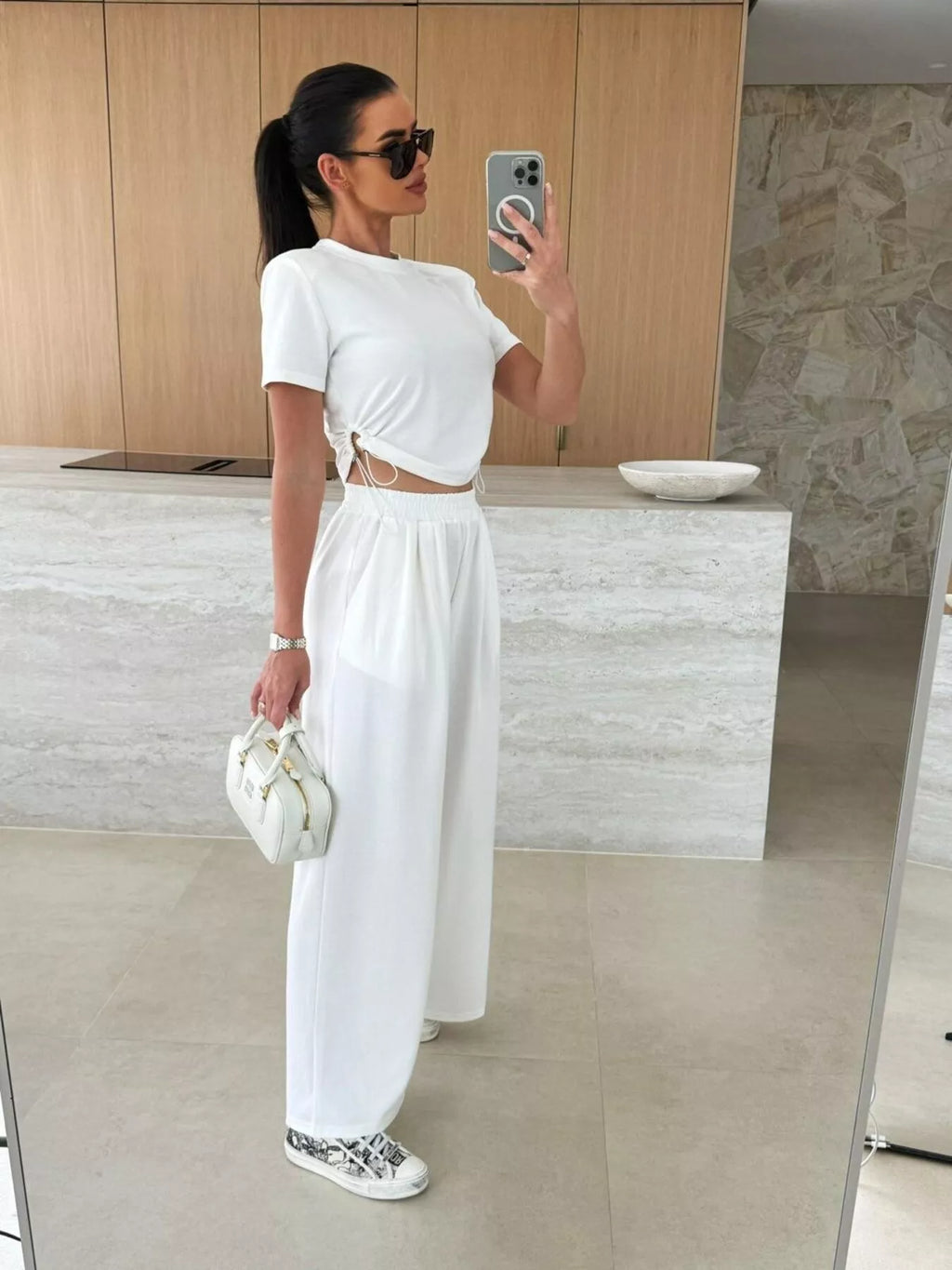 Drawstring Crop Top and Wide-Leg Pants Set