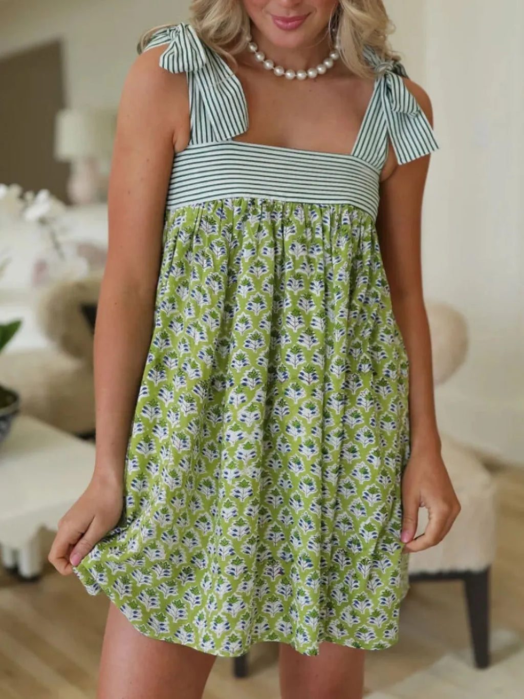 Printed Square Neck Tie Shoulder Mini Dress