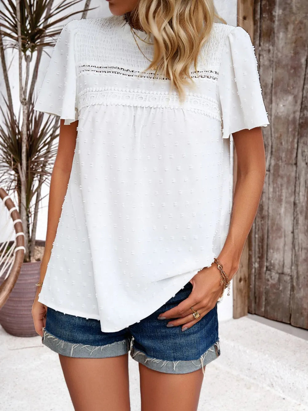 Devine Swiss Dot Smocked Round Neck Short Sleeve Blouse