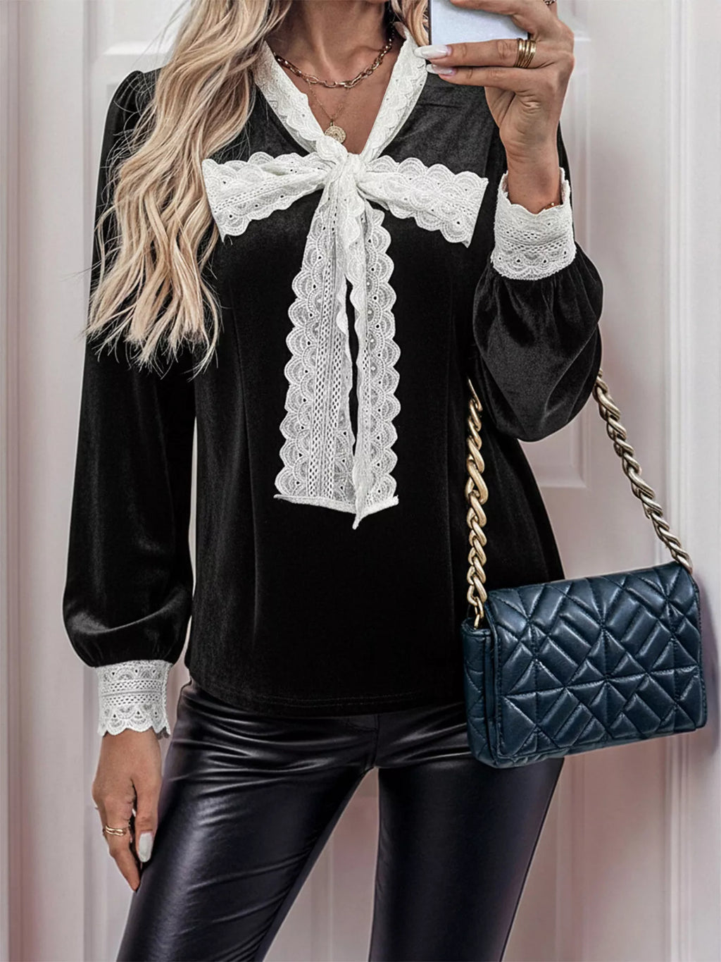 Lace Bow Tie Velvet Blouse