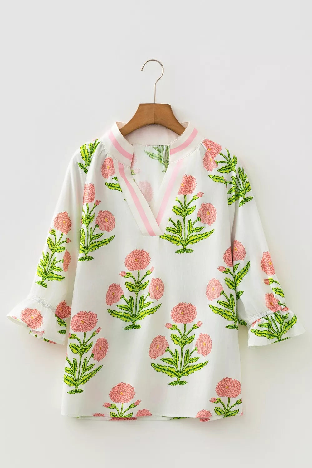 Floral Print Notched Ruffled Sleeve Blouse