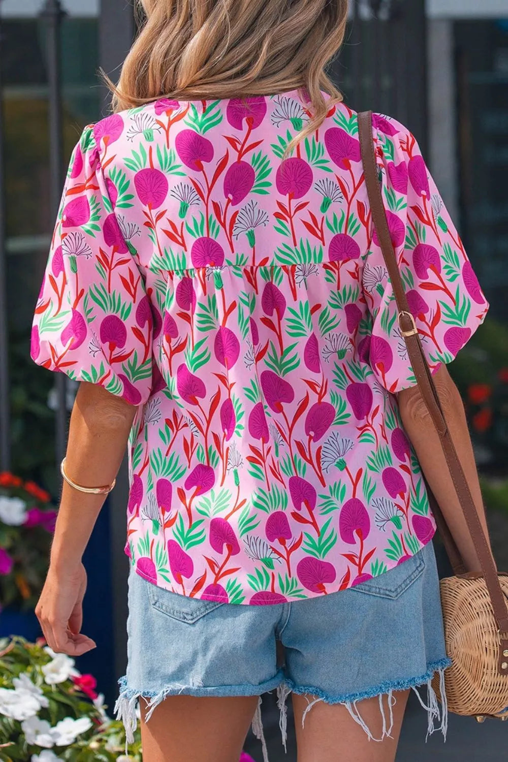 Floral Print Short Sleeve Contrast Patchwork Tassel Tie Blouse
