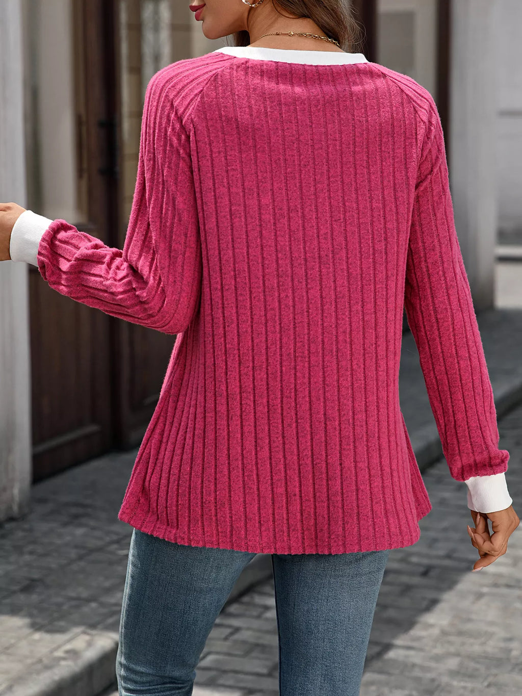Ribbed Round Neck Raglan Sleeve Knit Top