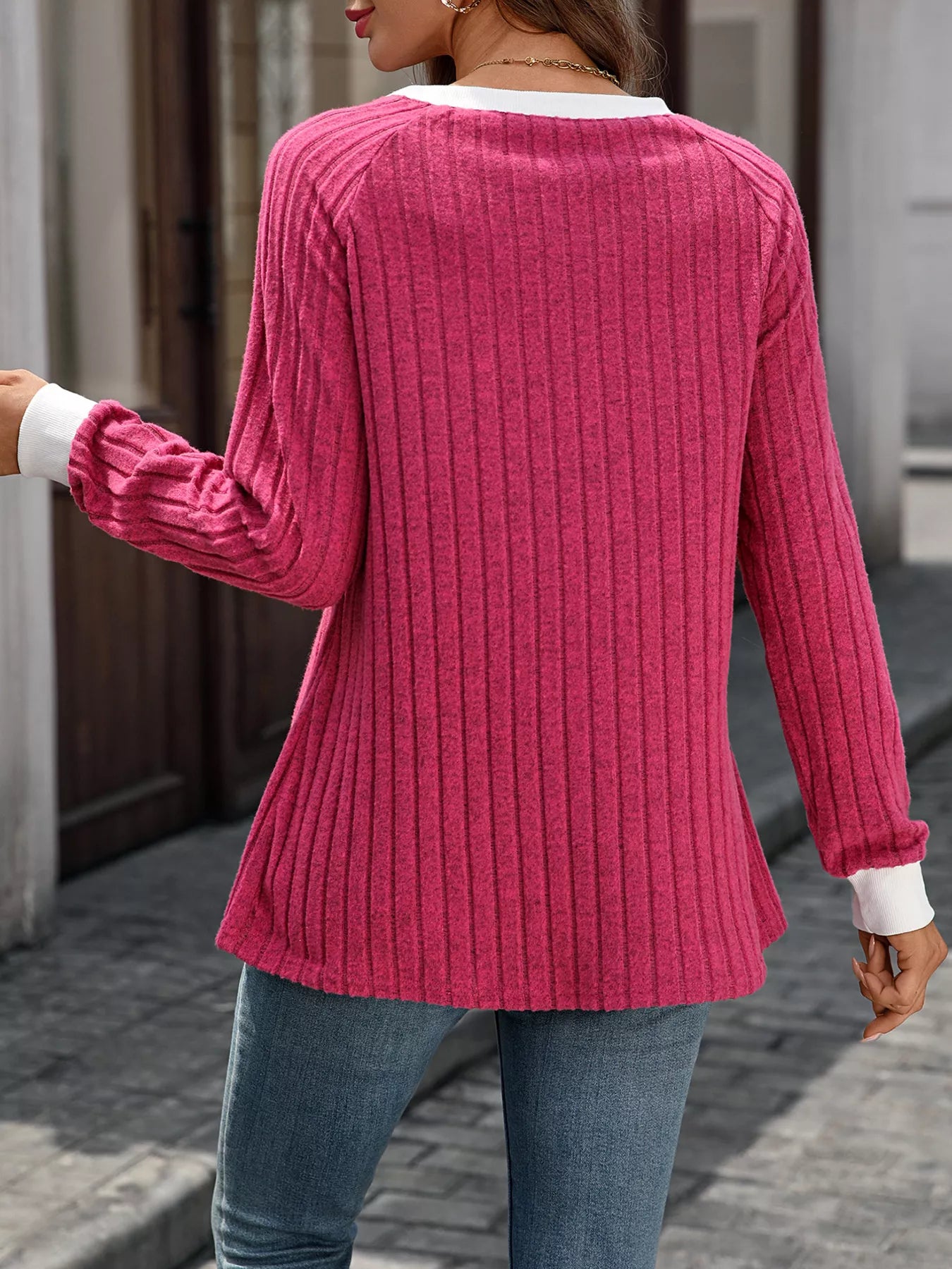 Ribbed Round Neck Raglan Sleeve Knit Top