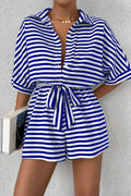 Striped Collared Neck Tie Waist Romper