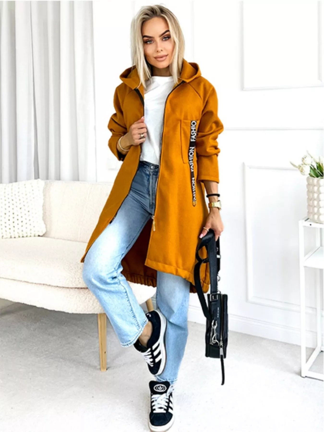 Full Size Zip Up Longline Hooded Outerwear Plus Size