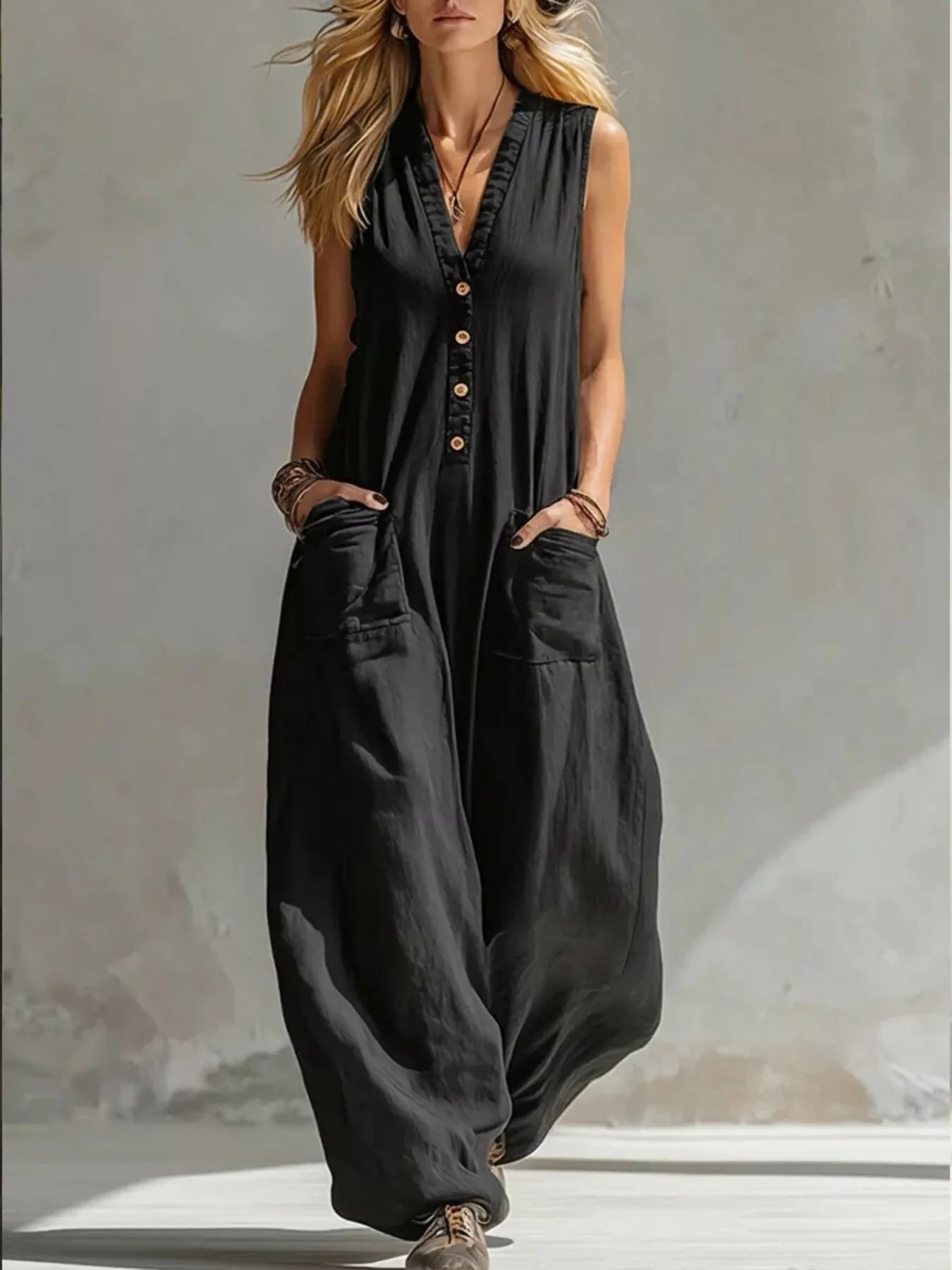 Full Size V-Neck Sleeveless Wide-Leg Jumpsuit Plus Size