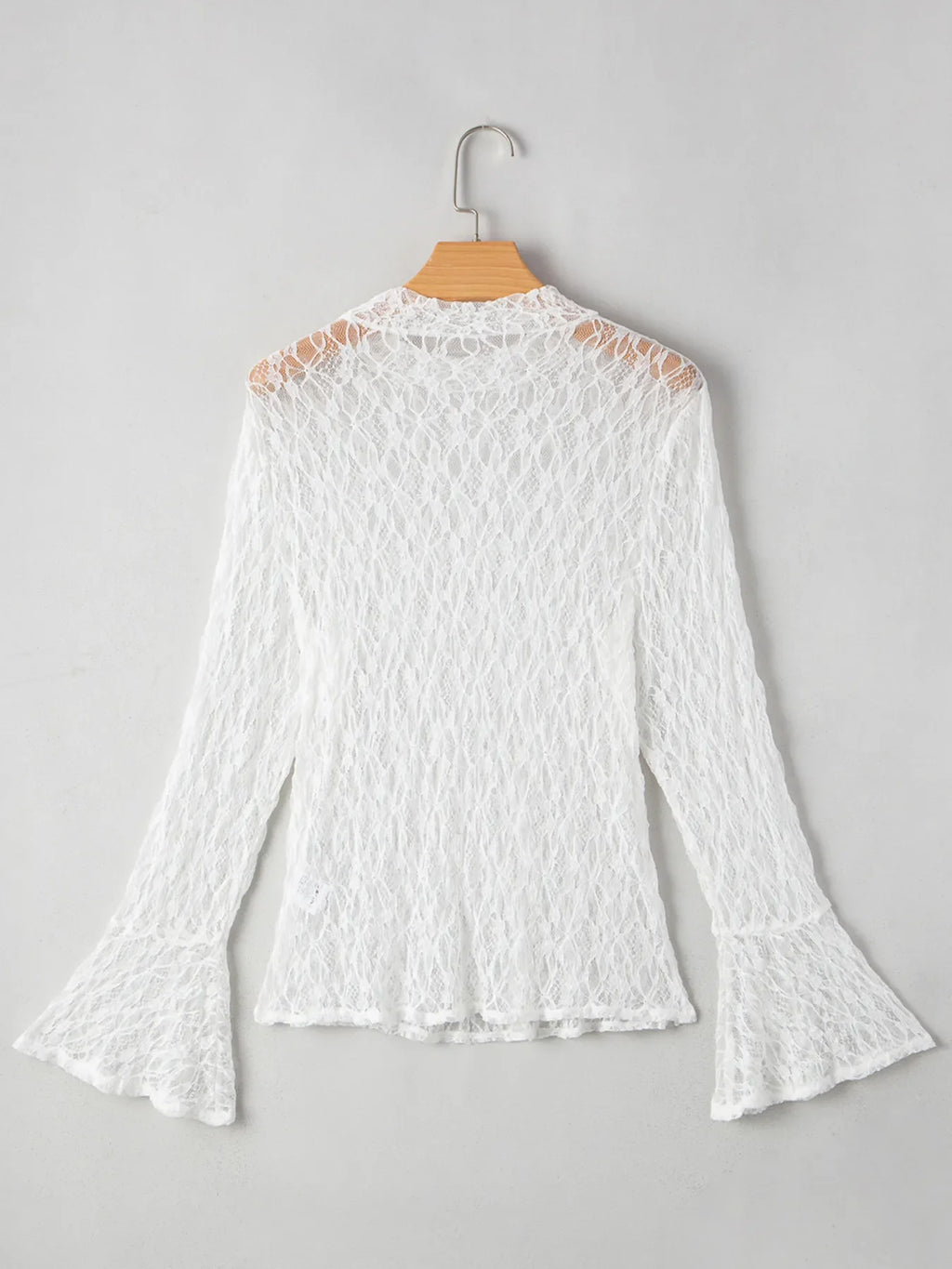 Sheer Lace Bell Sleeve Mock Neck Blouse