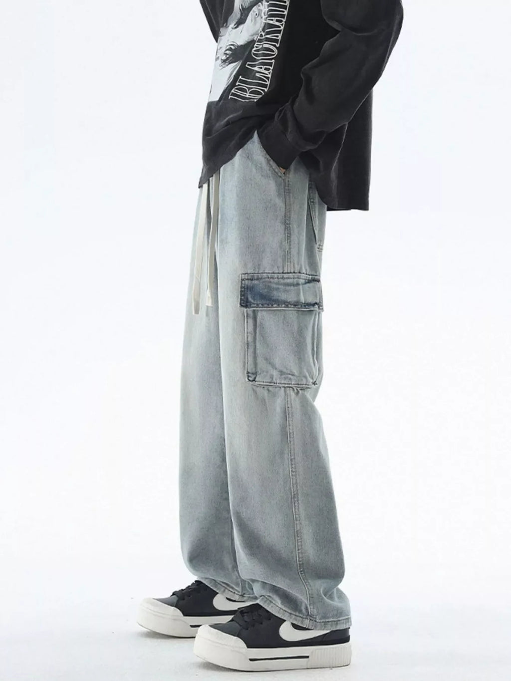 Men's Drawstring Wash Wide Leg Jeans