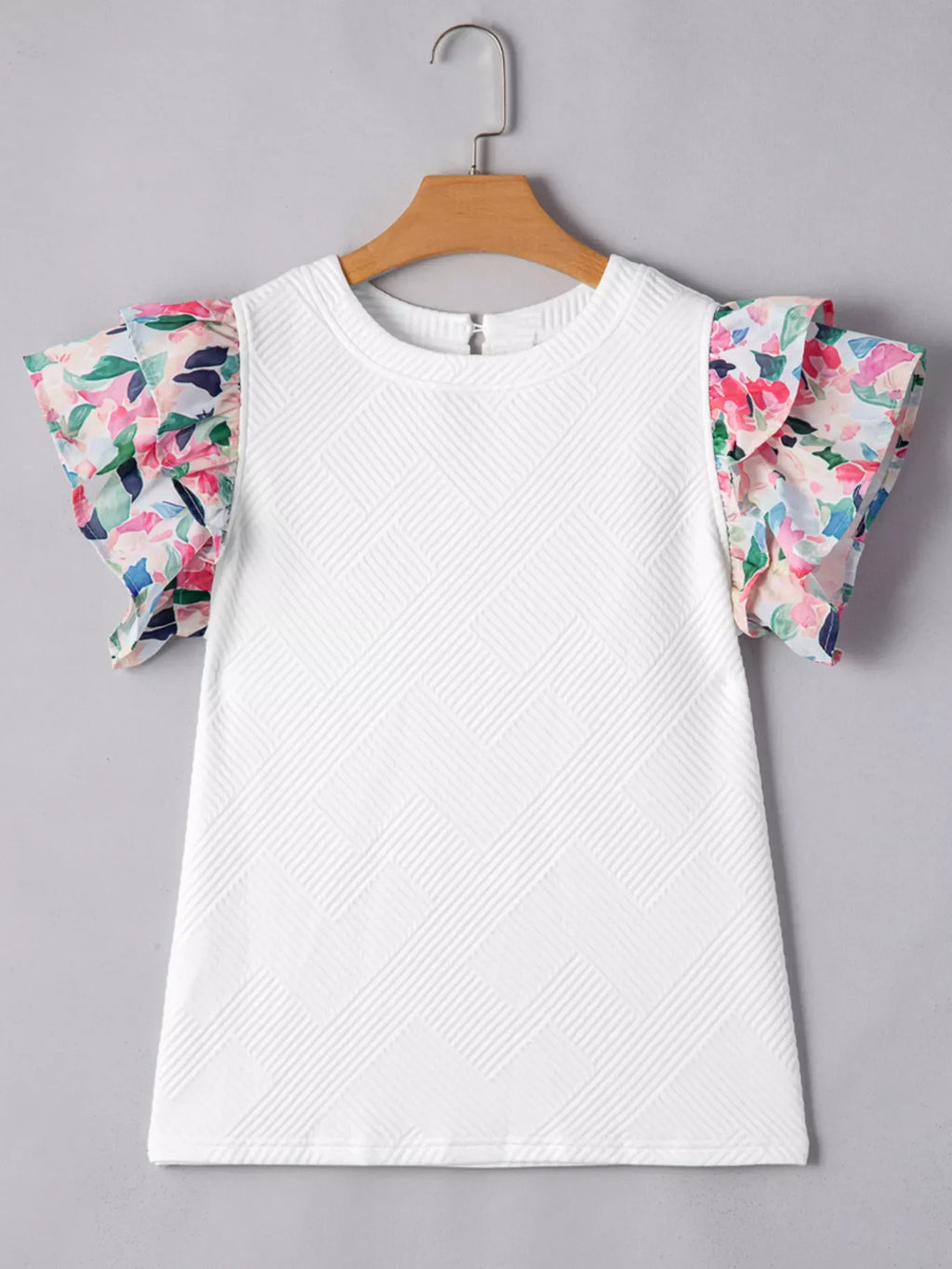 Abstract Print Tiered Ruffled Sleeve Textured Knit Top