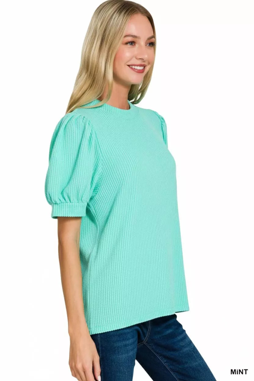 Zenana Raised Rib Puff Sleeve Top