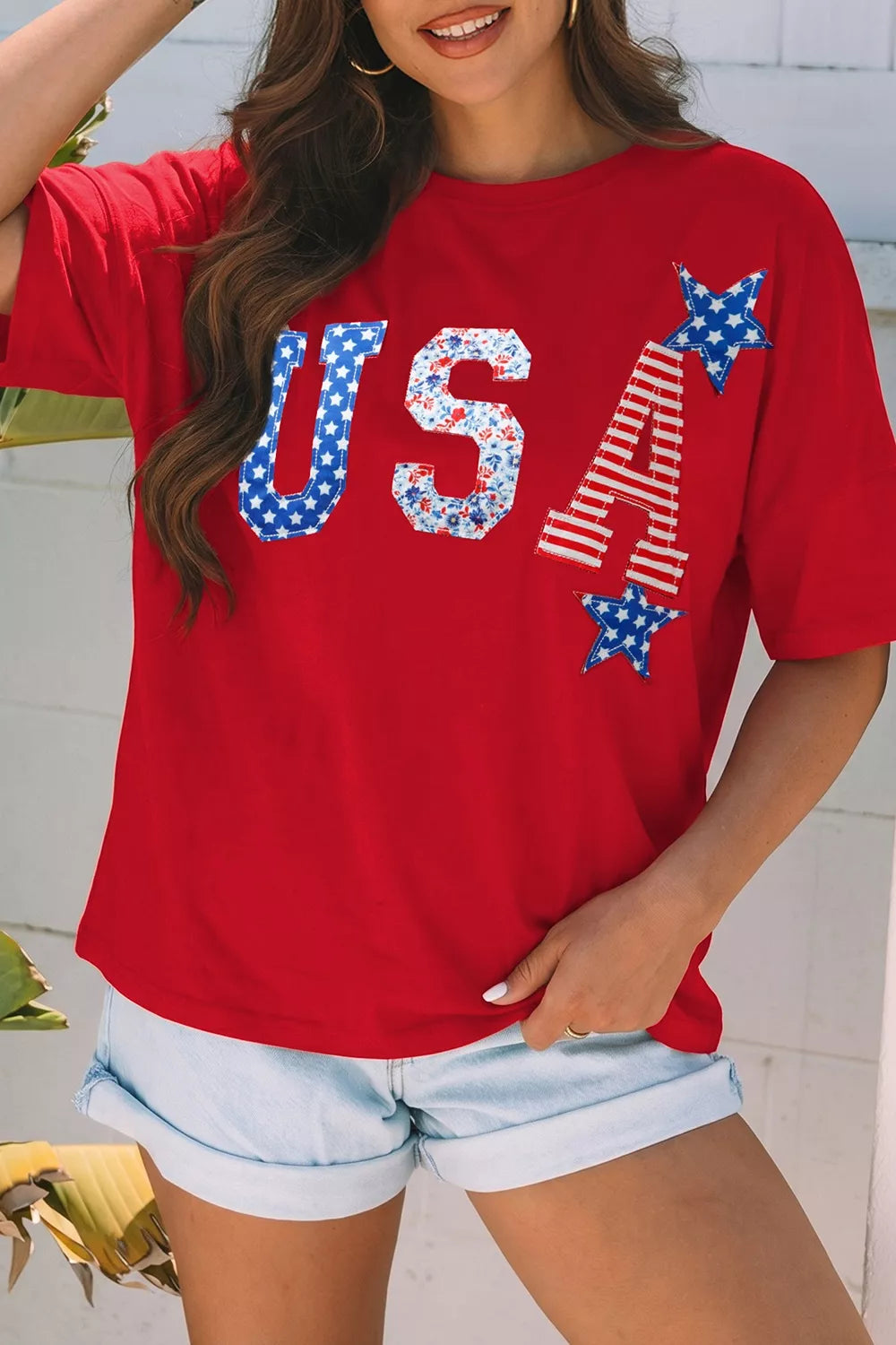 Patriotic USA Slogan Patch Embroidery Short Sleeve T Shirt